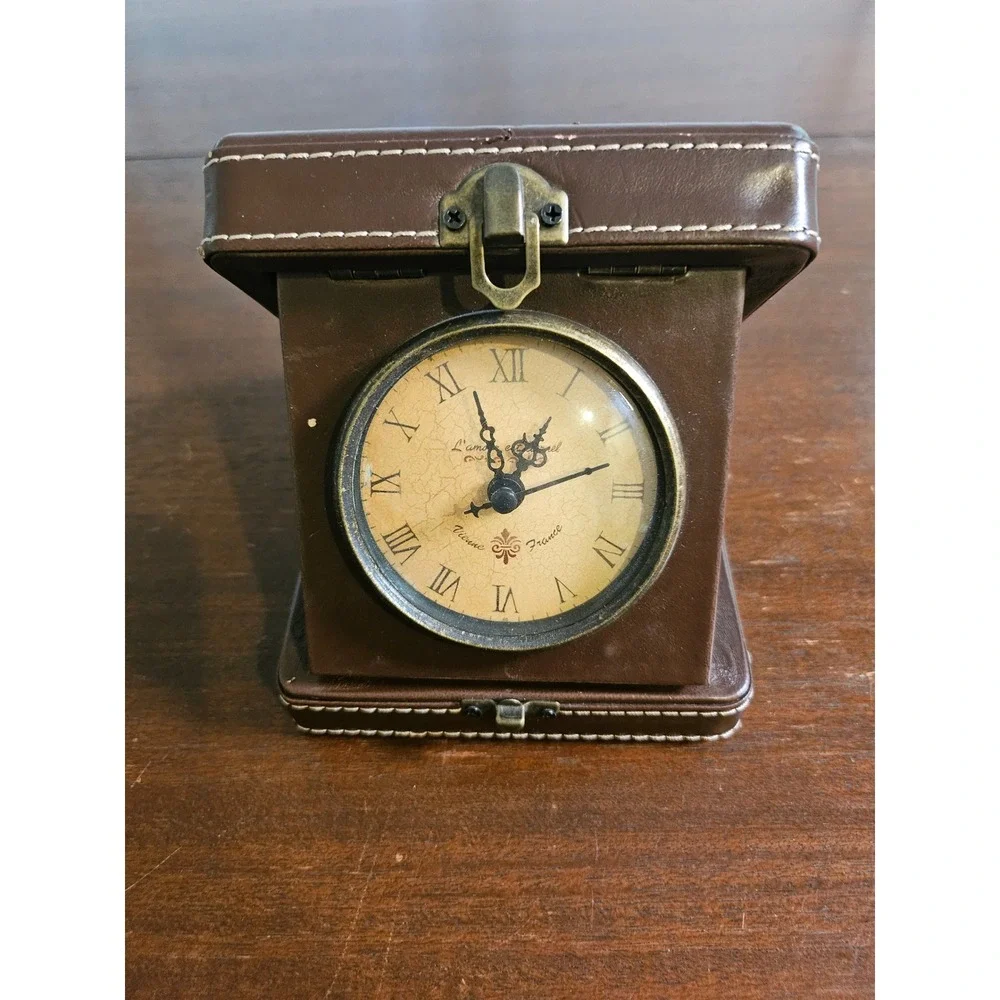 L'amour Travel Alarm Clock Brown Faux Leather Folding Case Vintage Style